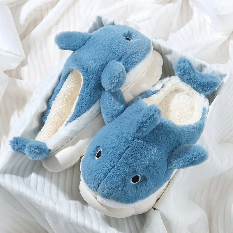 Cute Whale Cotton Home Slippers For Female 2023 Winter Couple Indoor Household Shark Thick Sole Men's Winter Cartoon Slippers