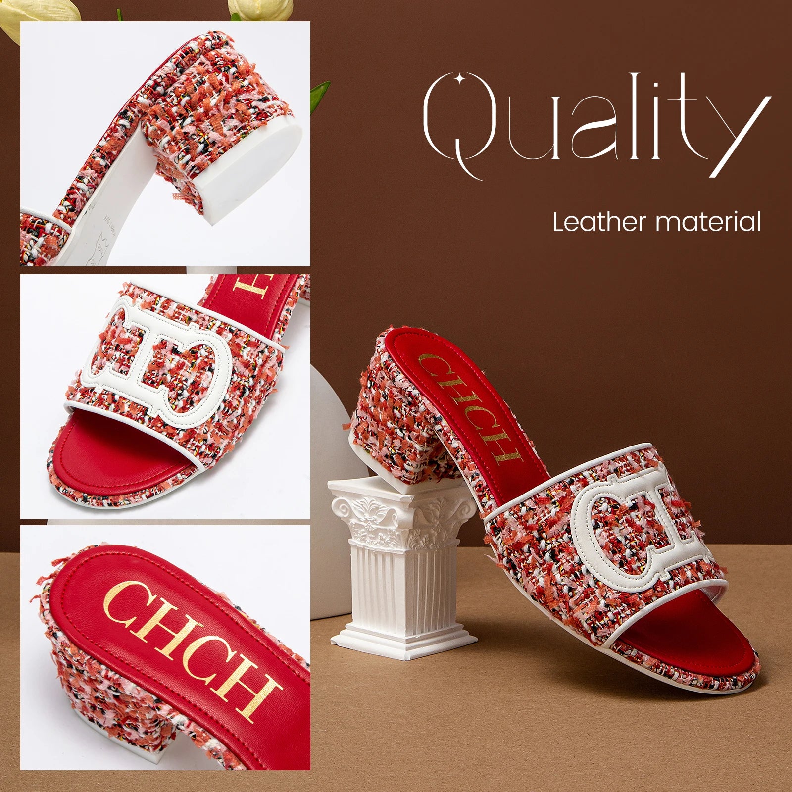 CH middle heel square heel slippers fabric fashion casual shoes luxury brand slippers girls street commuter slippers