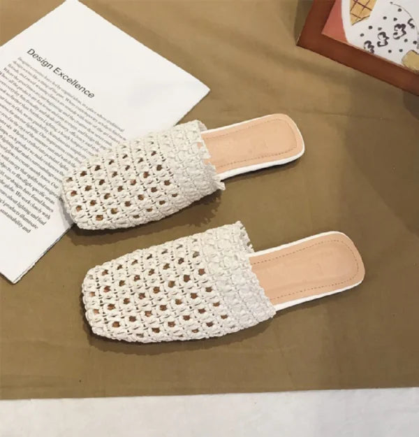 Fretwork Heels Shoes Ladies' Slippers Luxury Slides Cover Toe Slipers Women Female Mule Flat Summer Designer Soft 2024 Mules Cas