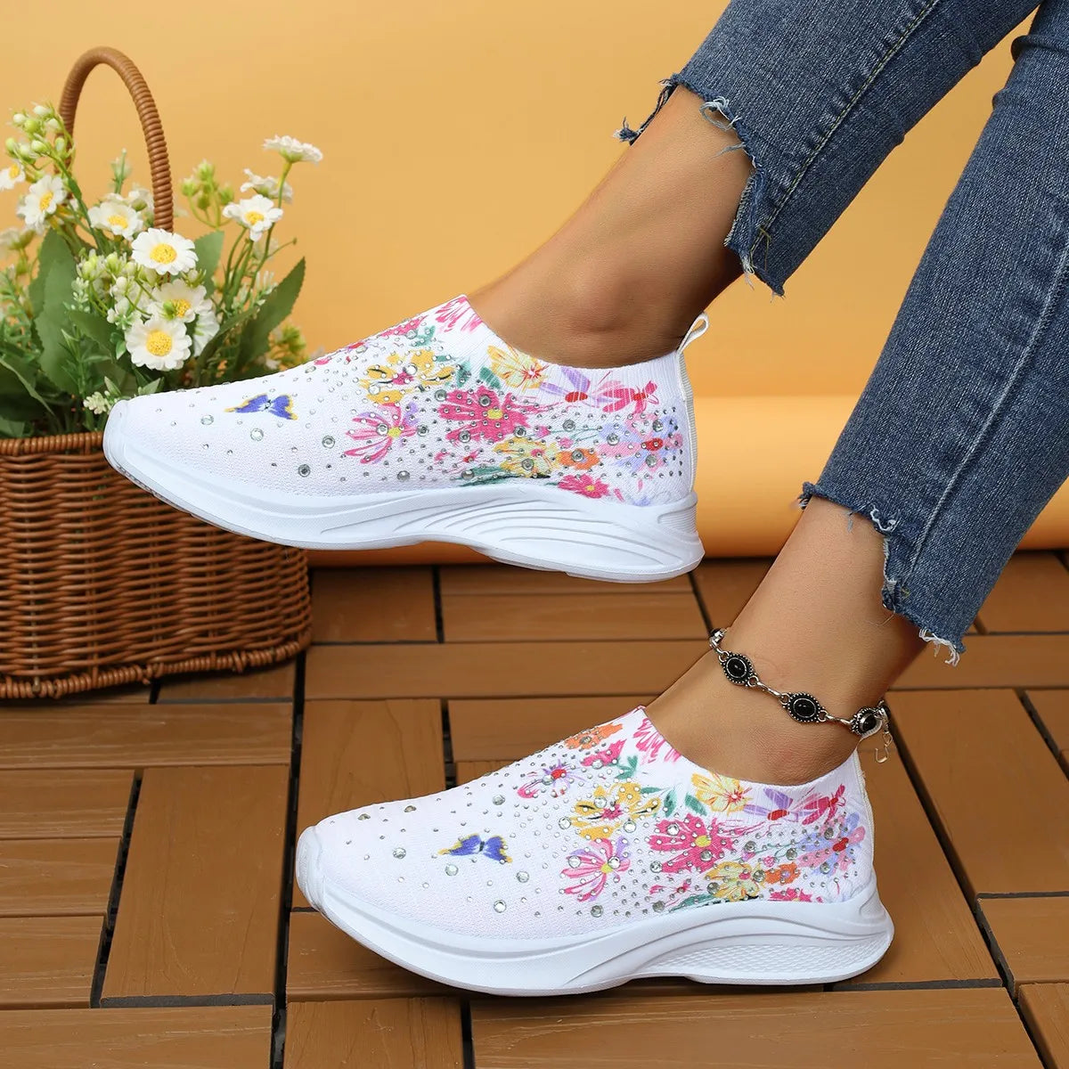 Women Print Breathable Jogging Sneakers Shining Crystal Walking Socks Shoes Woman Slip-On Soft Bottom Light Trainers Female