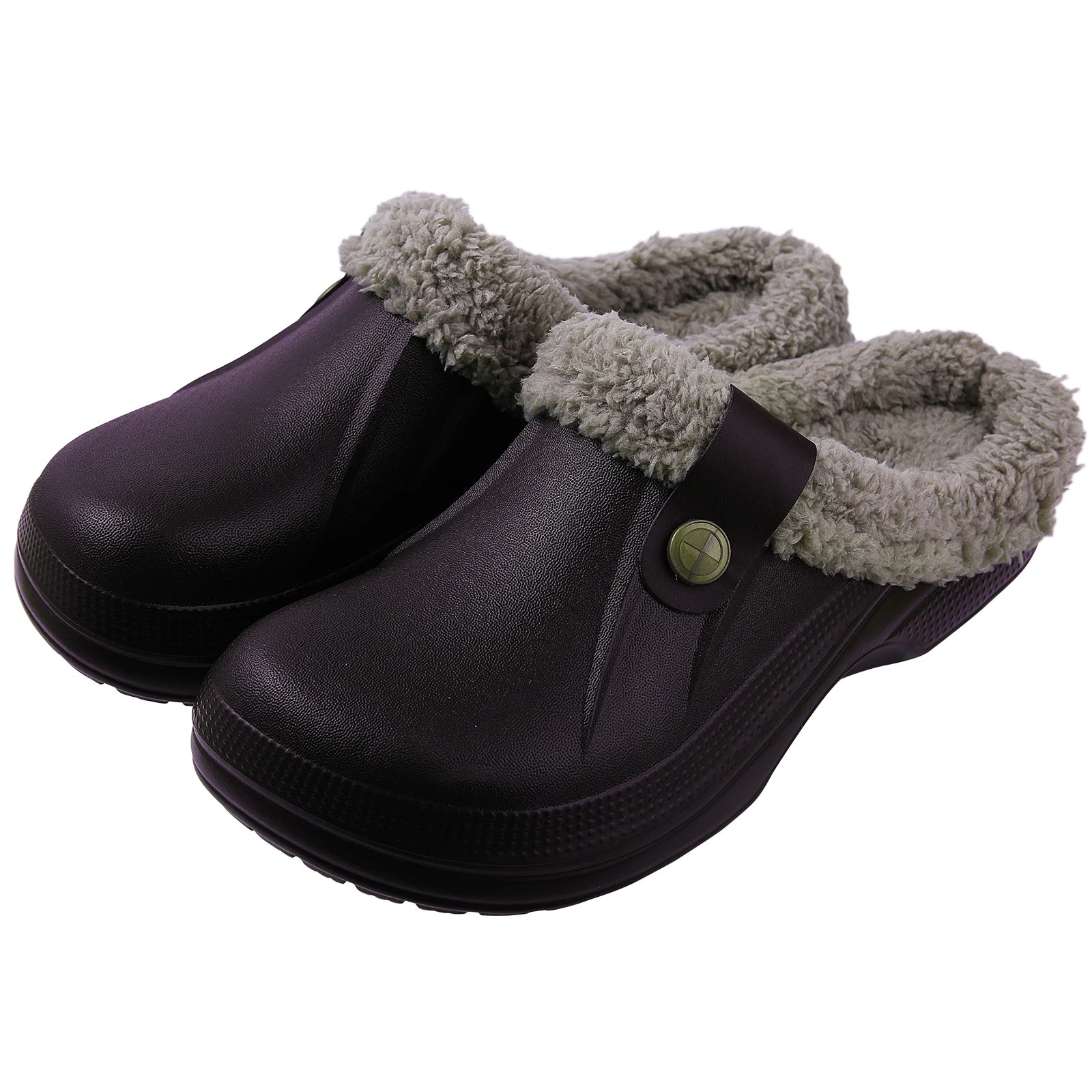 Shevalues New Fur Lined Clogs Women Waterproof Garden Shoes Winter Fluffy Plush House Slippers Couple Non-slip Fuzzy Slippers