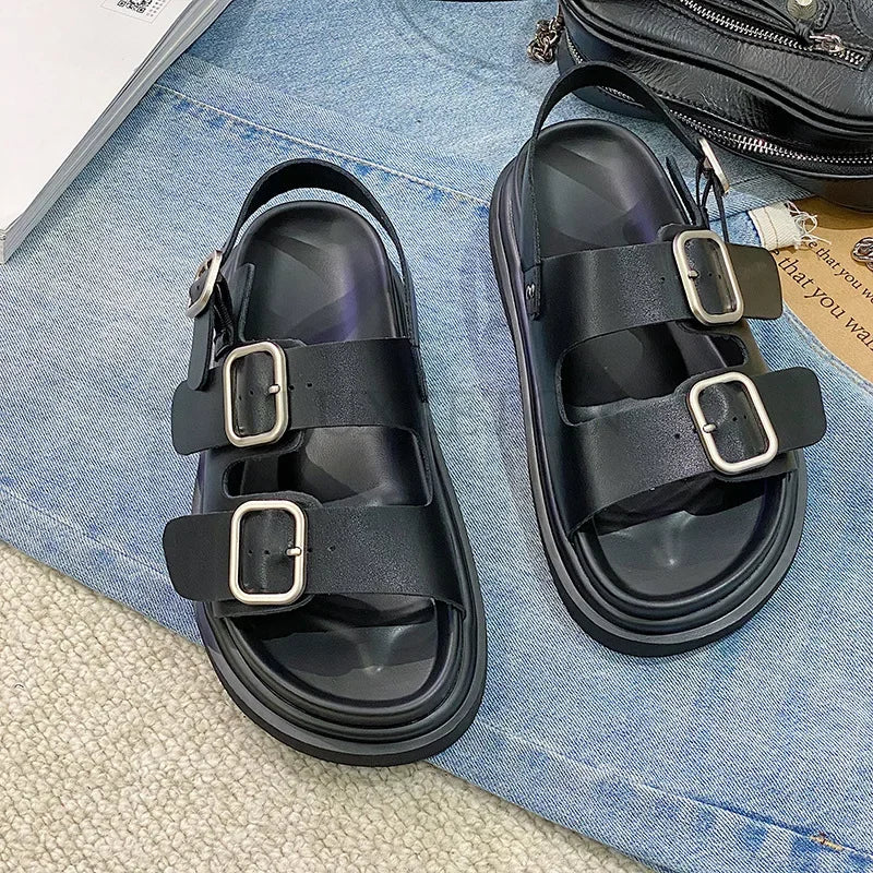 Sandals Women Genuine Cow Leather Metal Detailed Ankle Buckle Strap Summer Beach Ladies Low Heel Shoes Handmade