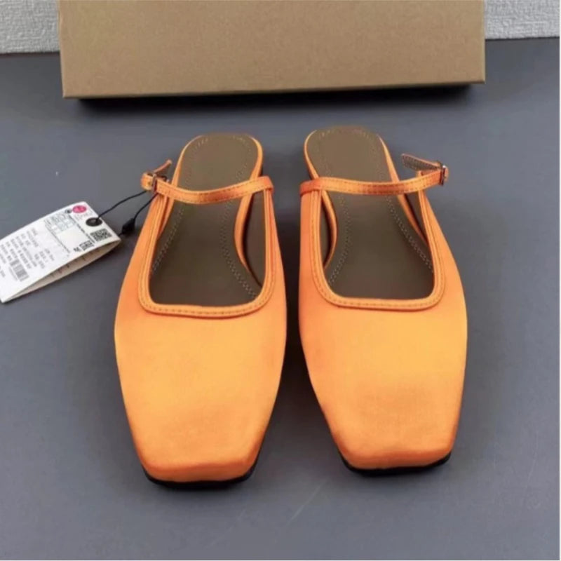 New Women Flats 2025 Square Toe Buckle Strap Breathable Mules Satin Leisure Slingbacks Chic Fashion Designer Shoes for Ladies