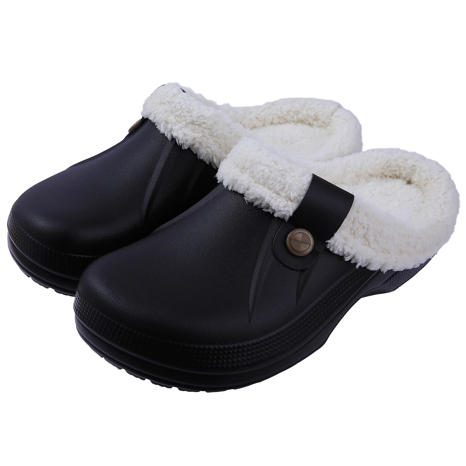 Shevalues New Fur Lined Clogs Women Waterproof Garden Shoes Winter Fluffy Plush House Slippers Couple Non-slip Fuzzy Slippers