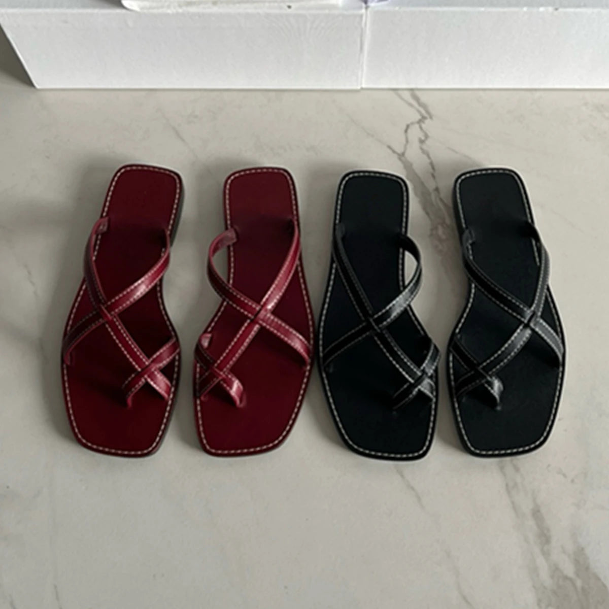 Withered Nordic Minimalist Cowhide Burgundy Slippers Women Clip Feet Flat Bottomed Sandals Fashion Elegant Cool Summer Shoes