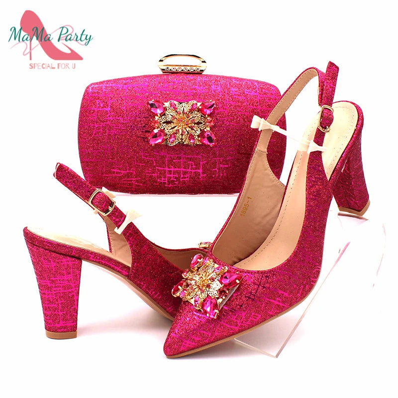 Fuchsia Color Italian Classics Design African Women Shoes and Bag Set High Quality with Shinning Crystal for Wedding Party