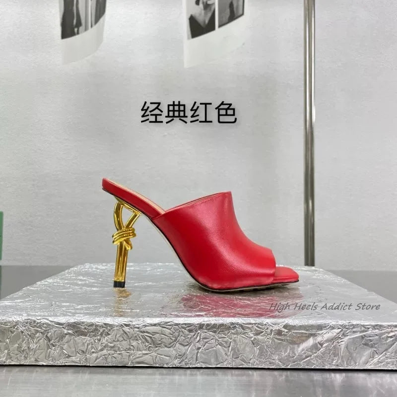 2024 Runway New Square Toe Leather Slippers Strange Style High Heels Colorful Mules Women's Luxury Designer Party Brand Shoes