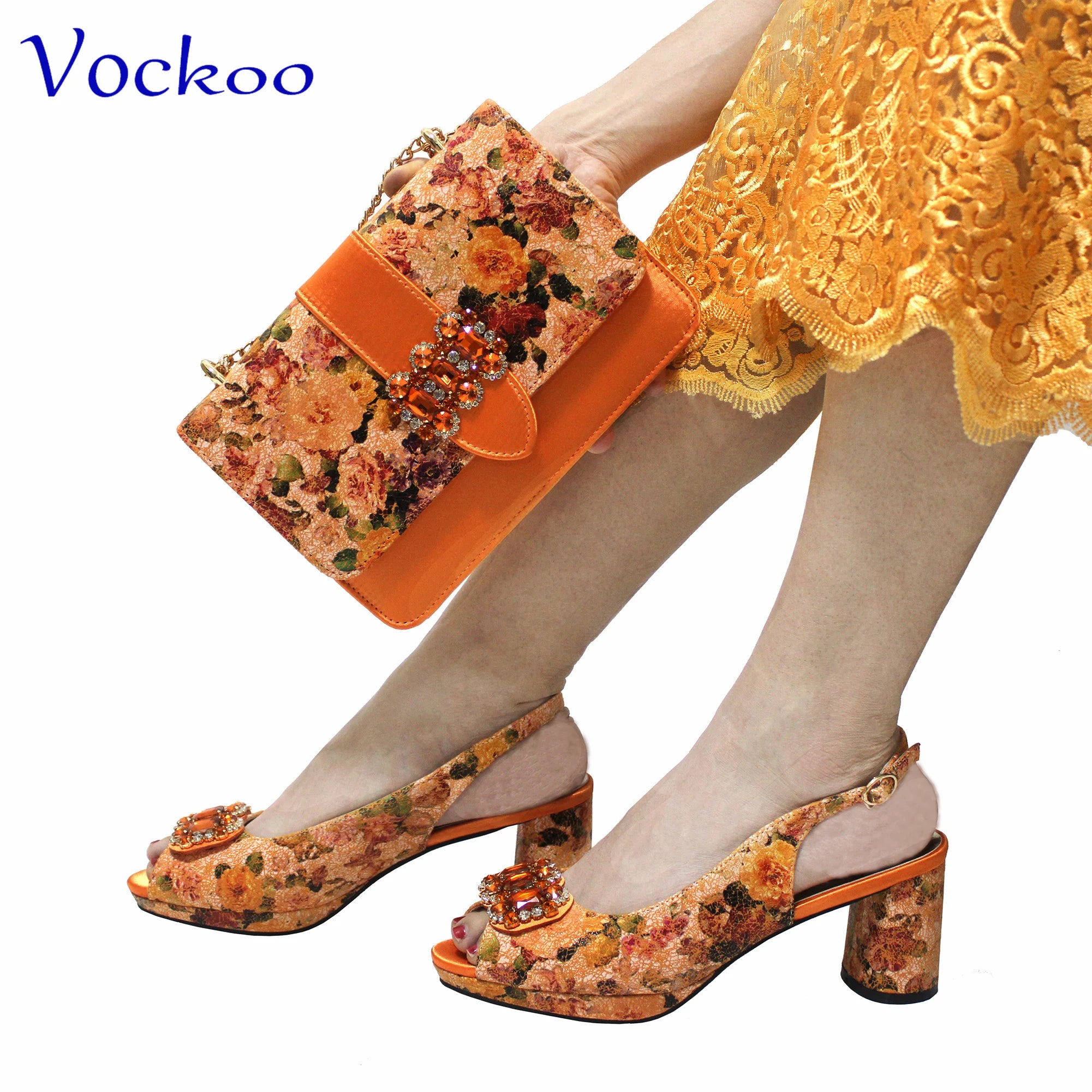 2024 Mature Style High Quality Comfortable Heels Italian Women Shoes and Bag Set with Shinning Crystal in Yellow Color