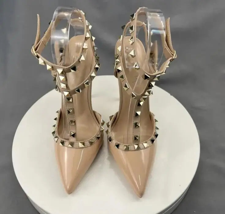 Beige Square Rivets T-Strapy Women Sandals New High Heels Sexy Party Wedding Pointed Toe Pumps Ankle Buckle Women