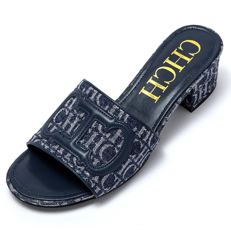 CH middle heel square heel slippers fabric fashion casual shoes luxury brand slippers girls street commuter slippers