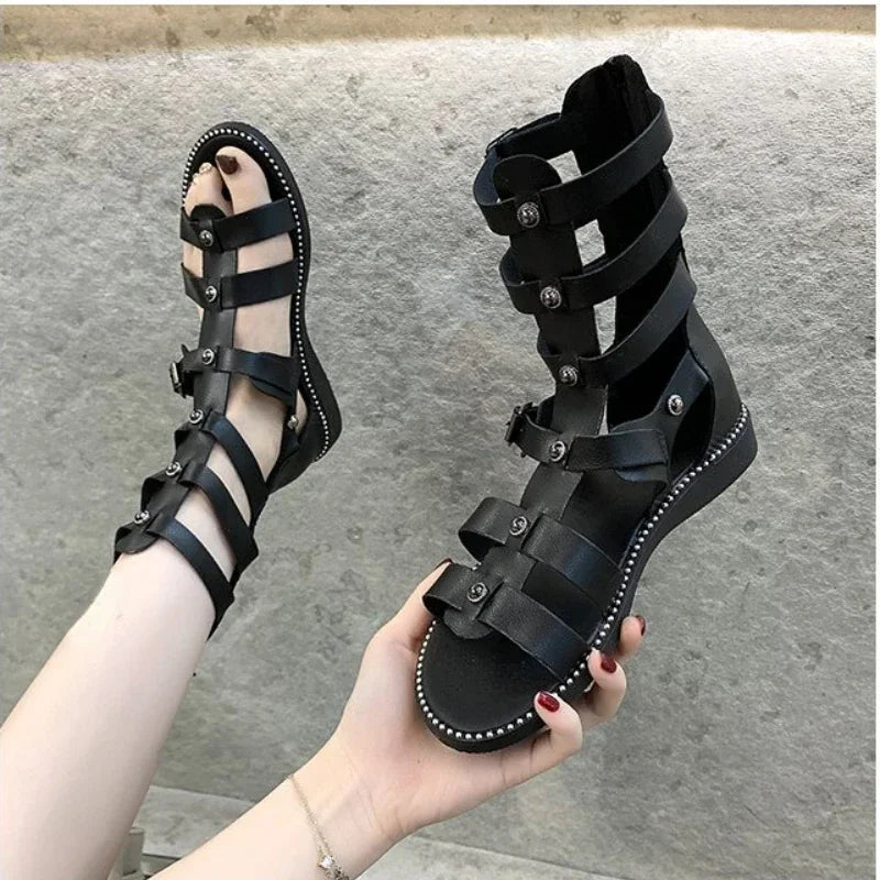 Ladies Roman Style, Rivet Cutout Back Zip Sandals, Versatile Fashion Casual Sandals 2024 New Summer