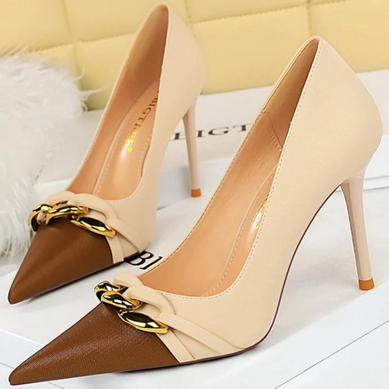 Luxury Designer Women 9.5cm Fetish High Heels Wedding Nude Pumps Sexy Lady Replica Metal Chain Stiletto Heels Fashion Prom Shoes