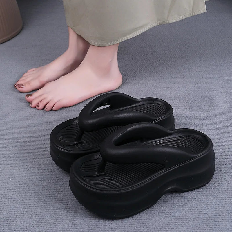 2024 New Elevated Soft Sole Anti Slip Women's Slippers Thick EVA Soft Sole Home Platform One Line Outwear Beach Summer Sandals