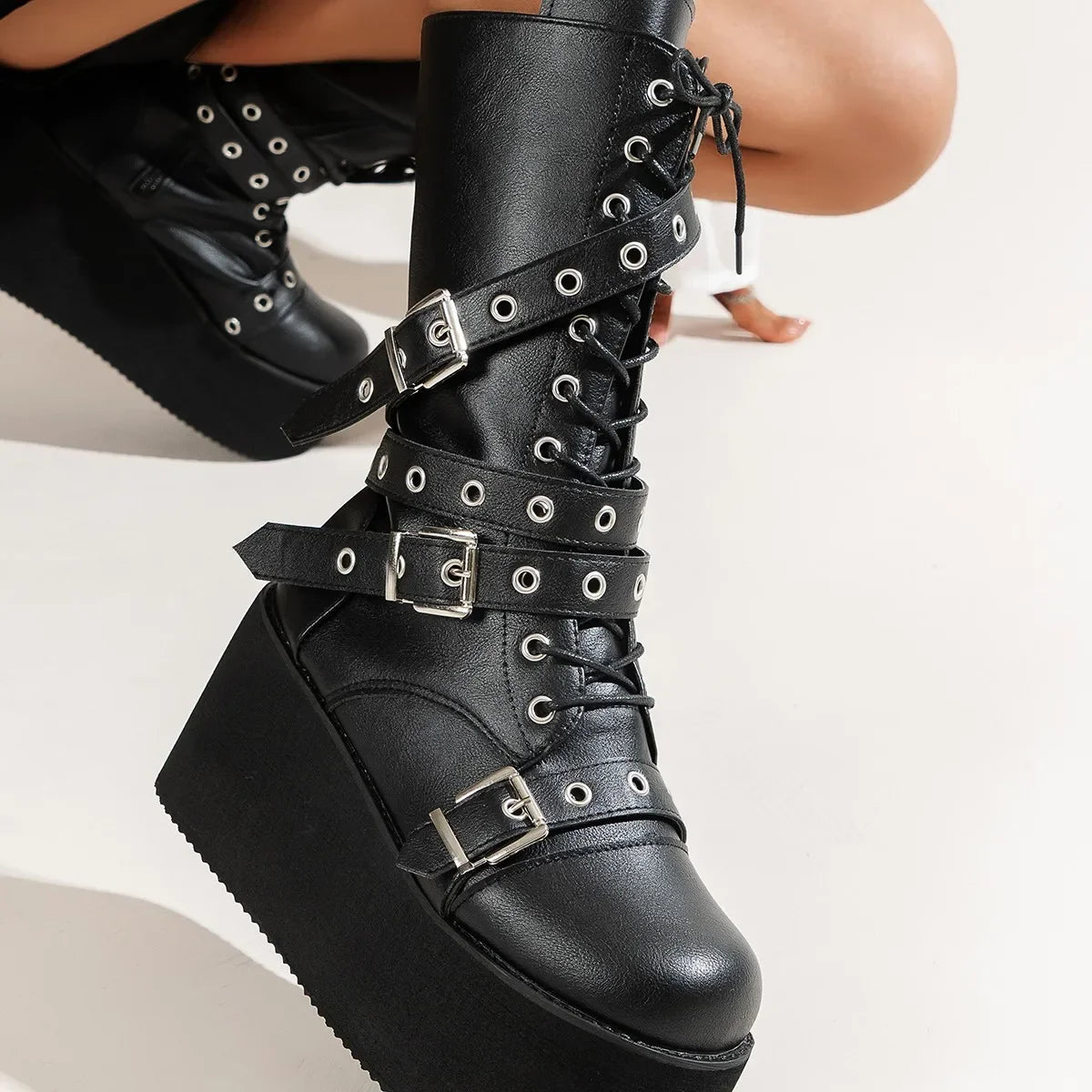 Bottes noires à lacets et bout rond pour femme, grande taille 43, style punk gothique, style urbain