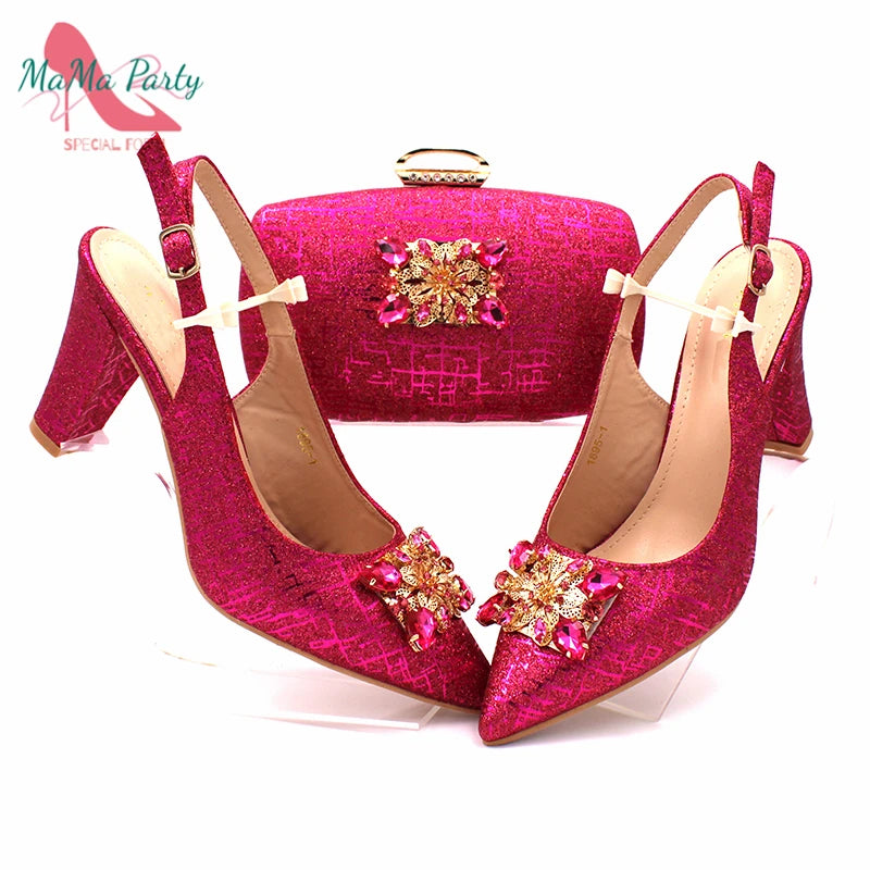 Fuchsia Color Italian Classics Design African Women Shoes and Bag Set High Quality with Shinning Crystal for Wedding Party