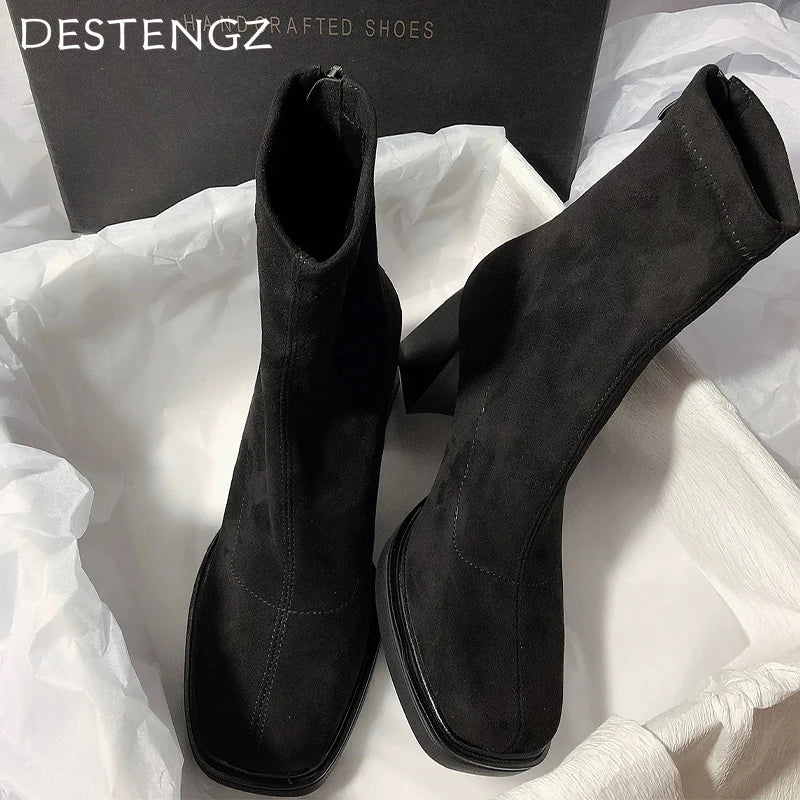 Bottines à talons hauts pour femmes, chaussures de mode épaisses en daim, tendance, escarpins de créateur, bottes de neige, chaussures de luxe pour femmes