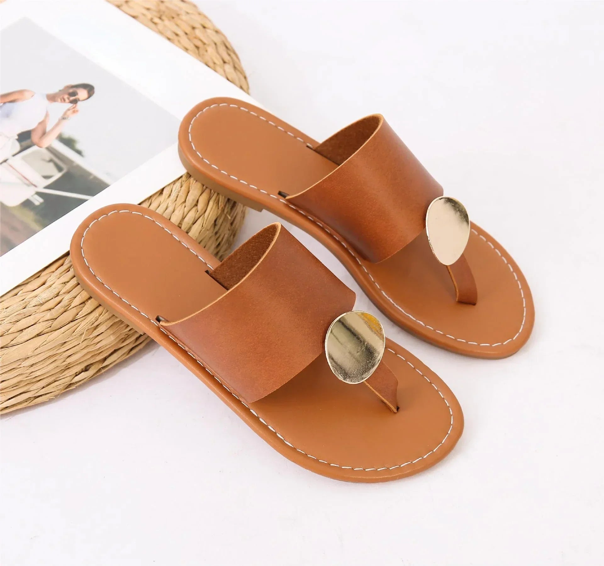 Women Leather Summer Sandals Shoes Retro design Thin Straps Open Toe Beach Slides Flat with Plus Size 41 Female Footwear