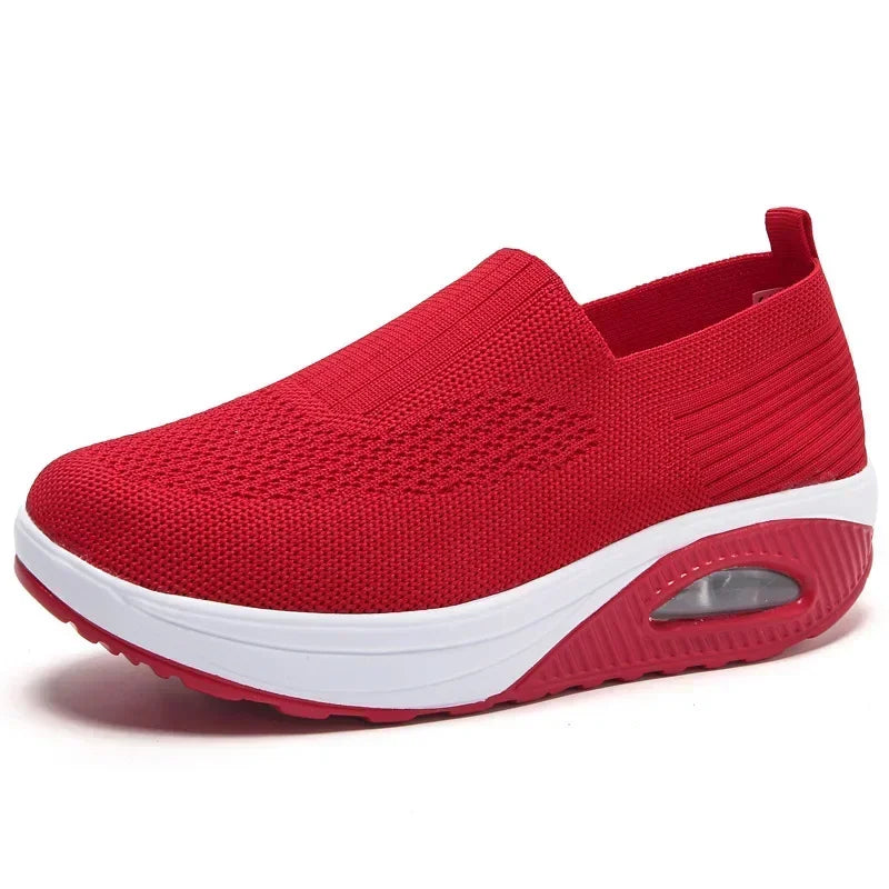 Women Knitted Mesh Sneakers Breathable Casual Sport Shoes Wedge Platform Rocking Shoes Increasing Ladies Vulcanized Shoes2024
