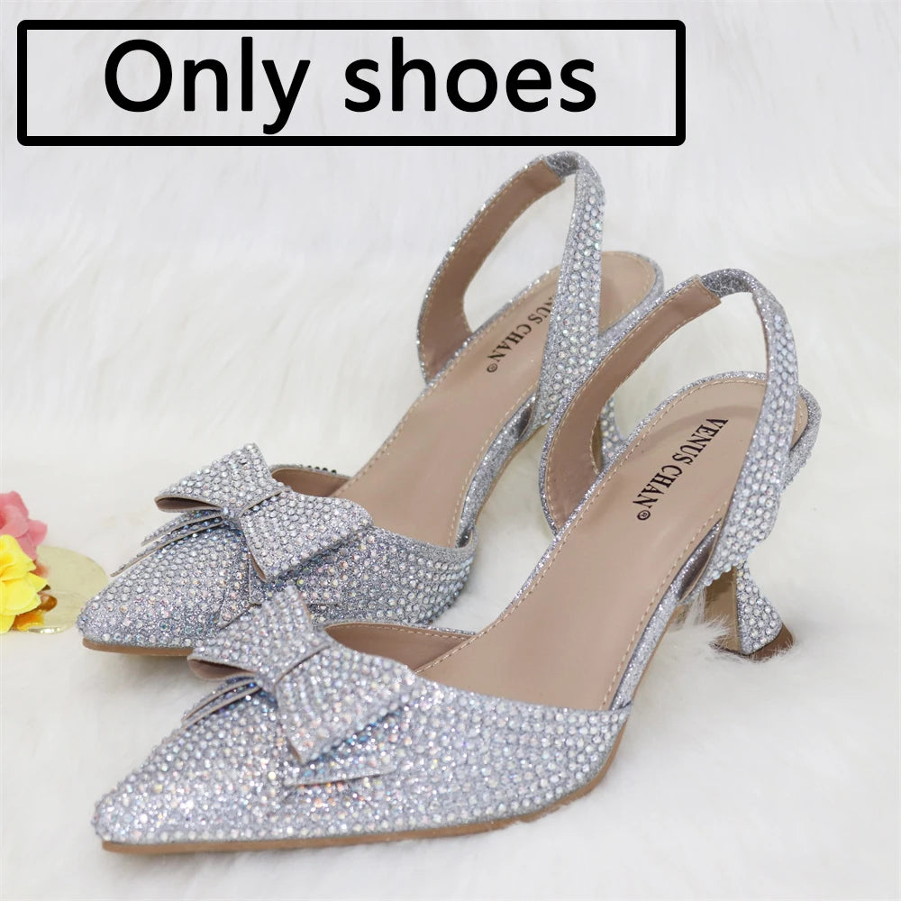 Venus Chan Bridal High Heels for Women 2023 Pointed Toe With Bows Gold Color Rhinestone Elegant Party Wedding Shoe and Bag Set