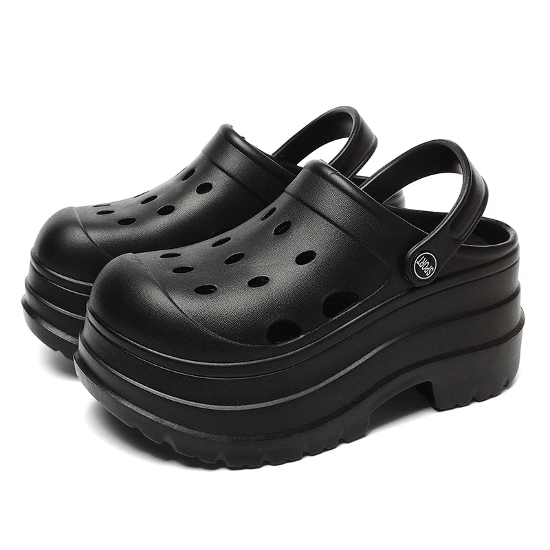 9cm Chunky Platform Clogs Sandals Women 2024 New Beach Hollow Out Sandals Shoes Woman Summer Closed Toe Wedge Heels Slippers