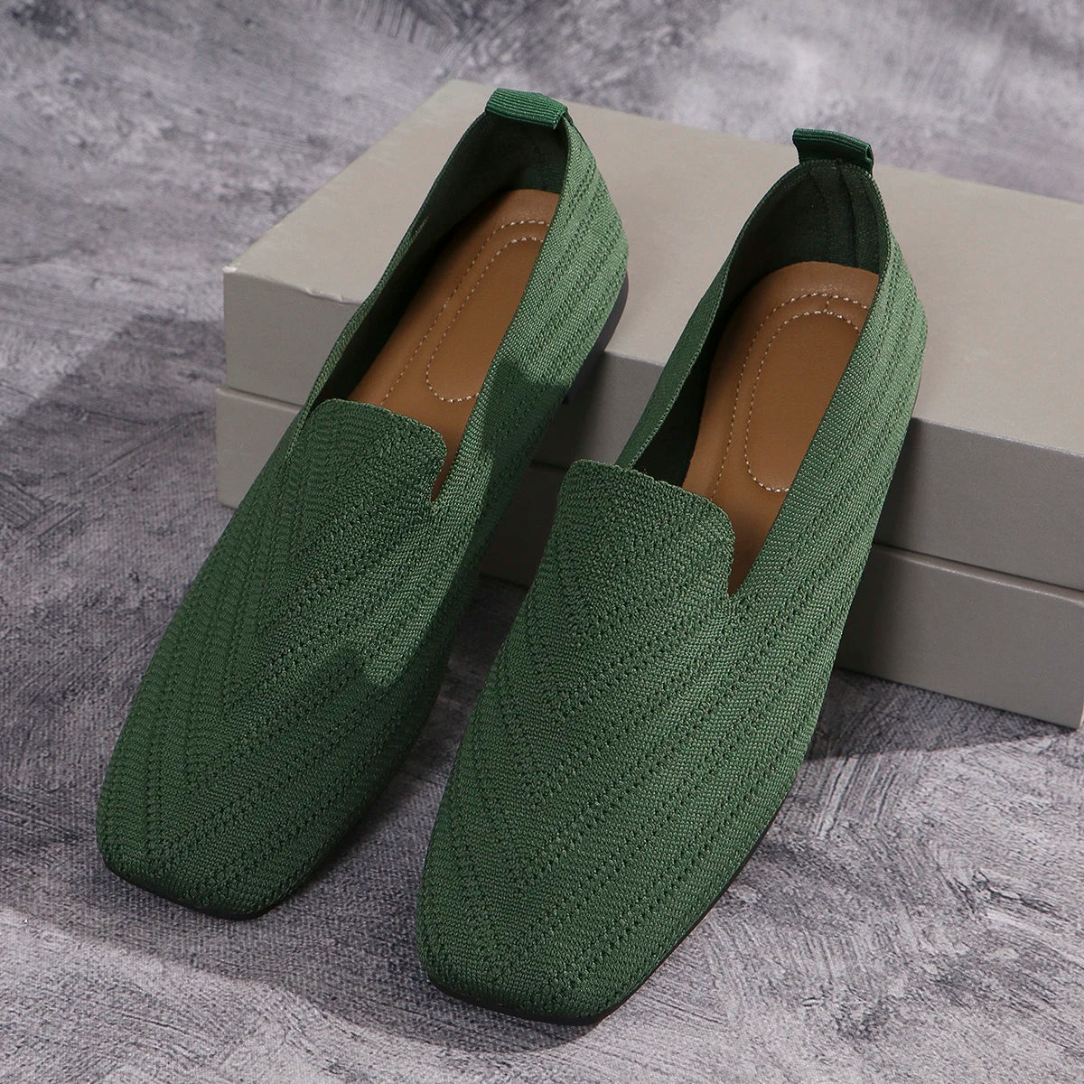 2024 Solid Color Square Toe Mesh Loafers Shallow Women Flats Shoes Soft Bottom Knit Ballet Flats Shoes Casual Slip on Shoes