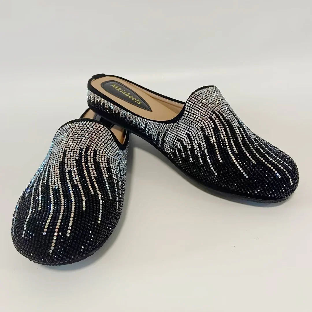 Hot Sale Multicolor Flat Heel Sequin Women's Slippers Casual Banquet Fashion Party Italian Mules Slipper Rhinestone Shoe F1013-2