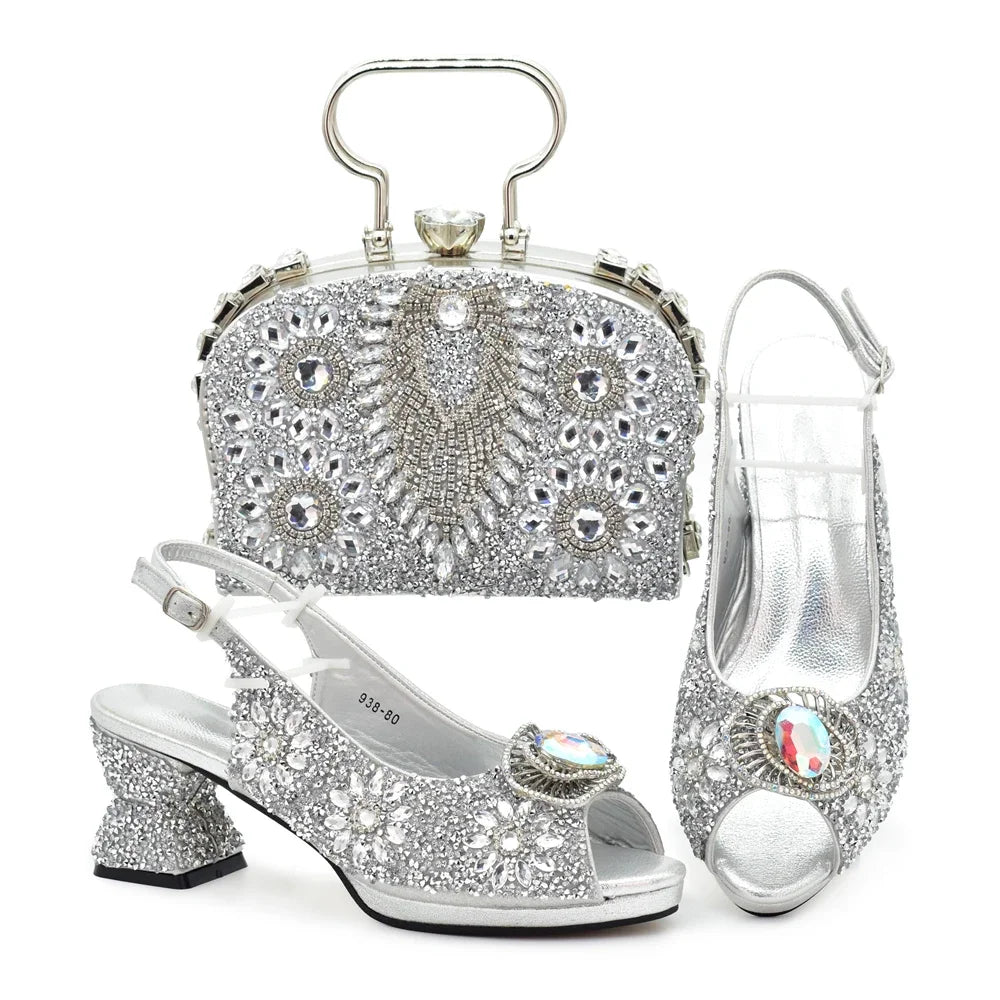 Italian Shoes and Bags Matching Set with Rhinestone Nigerian Women Shoes and Bag Set with Appliques Full Crystal for Dress