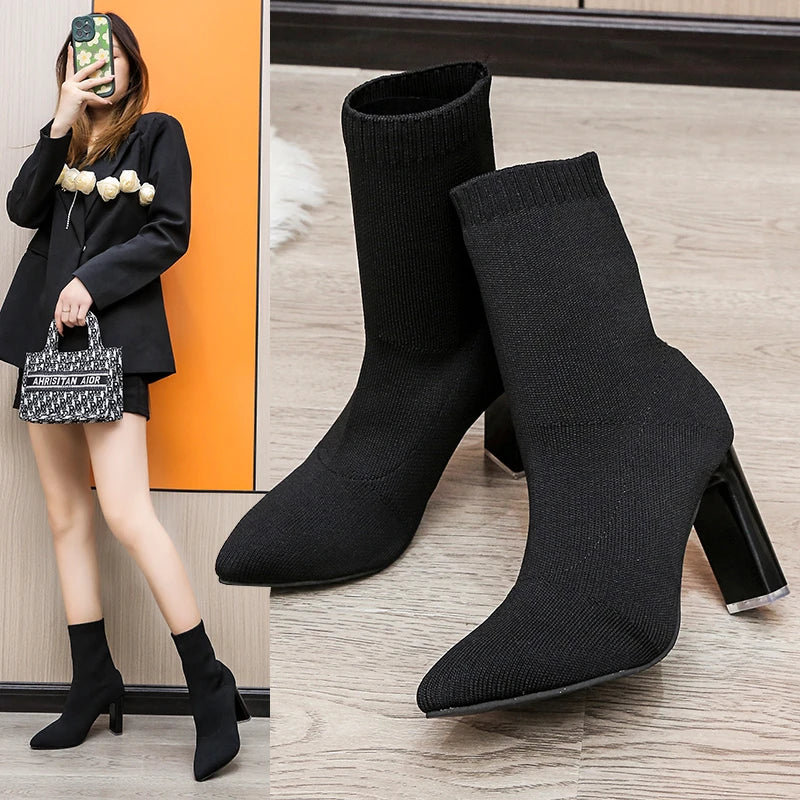 🔥Simples et rêveuses ! Bottines-chaussettes pointues en tricot extensible pour femme. Talons hauts, idéales pour l'automne-hiver, pour un style sans effort.