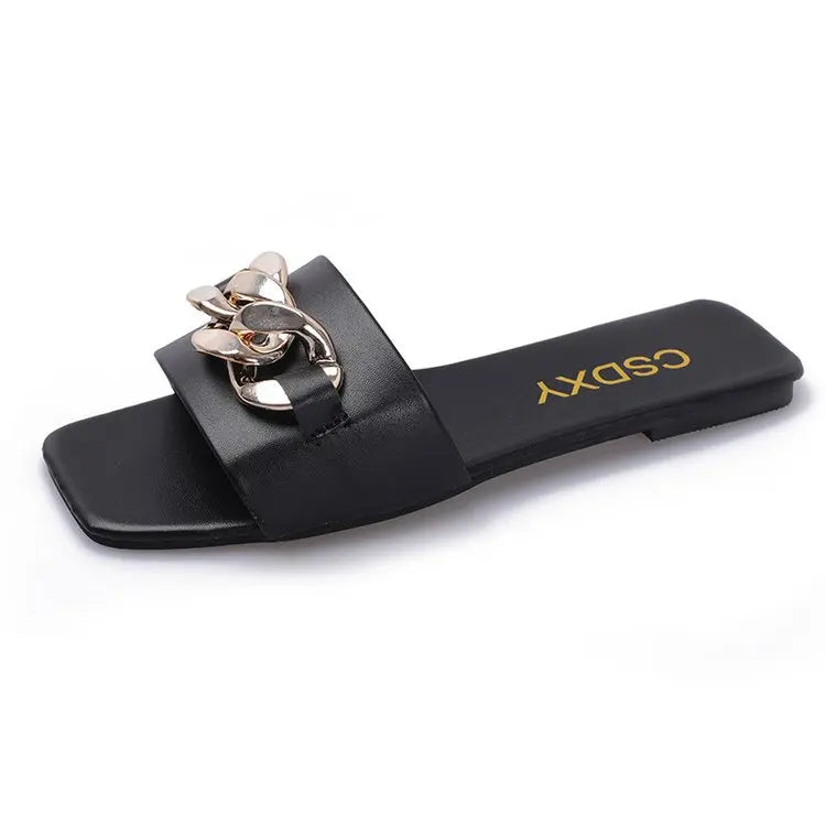 2022 New Fashion Women's Slippers Square Toe Chain Slippers Flat Slide Sandals Beach Flip Flops Metal Decoration Casual Shoes