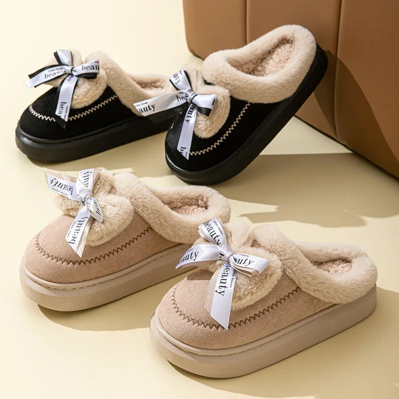 Chaussons en fausse suède d'hiver en coton pour femmes, chaussons en coton avec nœud de lapin pour la chaleur, nouveau style princesse à semelle épaisse