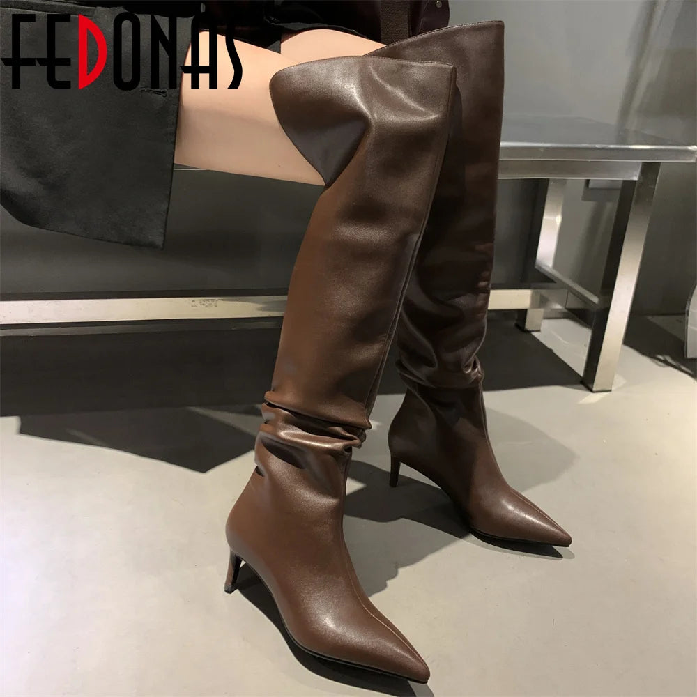FEDONAS Tight High Boots Sexy Fashion Women Over-The-Knee Boots Autumn Winter Pointed Toe Genuine Leather High Heels Shoes Woman
