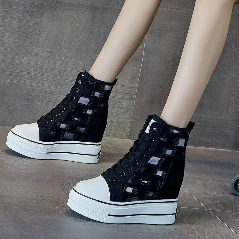 Inner Increase White Shoes 2023 New High-top Canvas Spring Autumn Women Hollow Breathable Casual Thick-soled Women Sneaker Shoes