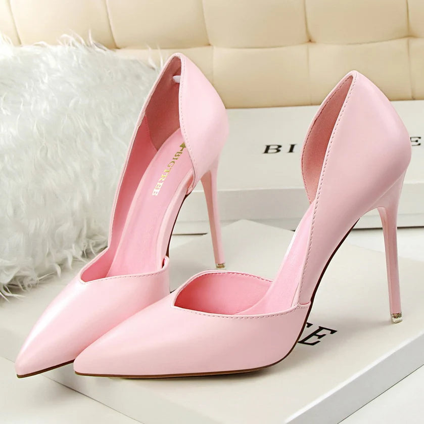 Summer Women 10.5cm High Heels Leather Pumps Female Escarpins Elegant Sweet Yellow Pink Stiletto Lady Wedding Heels Hollow Shoes