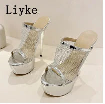 Liyke Summer Fashion Breathable Mesh Peep Toe Extreme High Heels Platform Slippers For Women Sandals Shoes Lady Pumps Slides