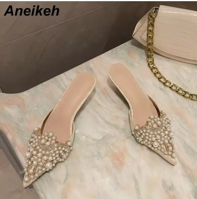 Aneikeh Spring/Autumn Fashion Sexy Women Shoes Elegant String Bead Crystal Patchwork Slip-On 35-42 Thin Heels Slipper NEW 2025
