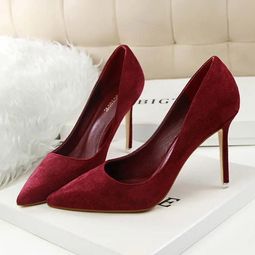Women Elegant Flock Orange Purple Evening Banquet Party Pumps Lady Classic Scarpin New Burgundy 9cm High Heels Shoes Plus Size