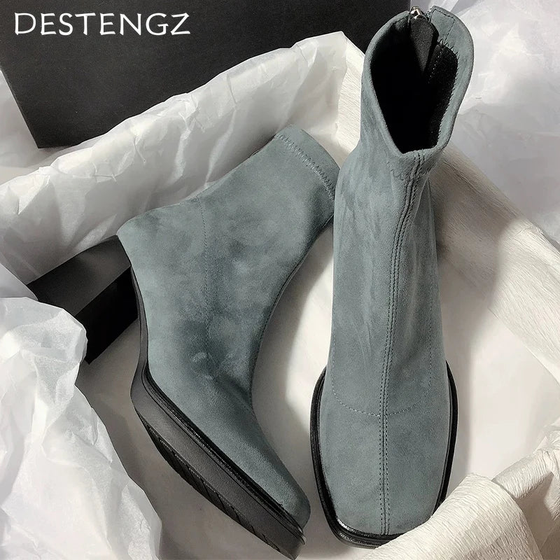 Bottines à talons hauts pour femmes, chaussures de mode épaisses en daim, tendance, escarpins de créateur, bottes de neige, chaussures de luxe pour femmes