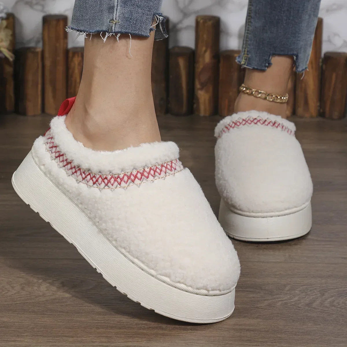 New ethnic style lace hairy half tray foreign trade snow cotton slippers Thick bottom outer wear winter bag head half slippers