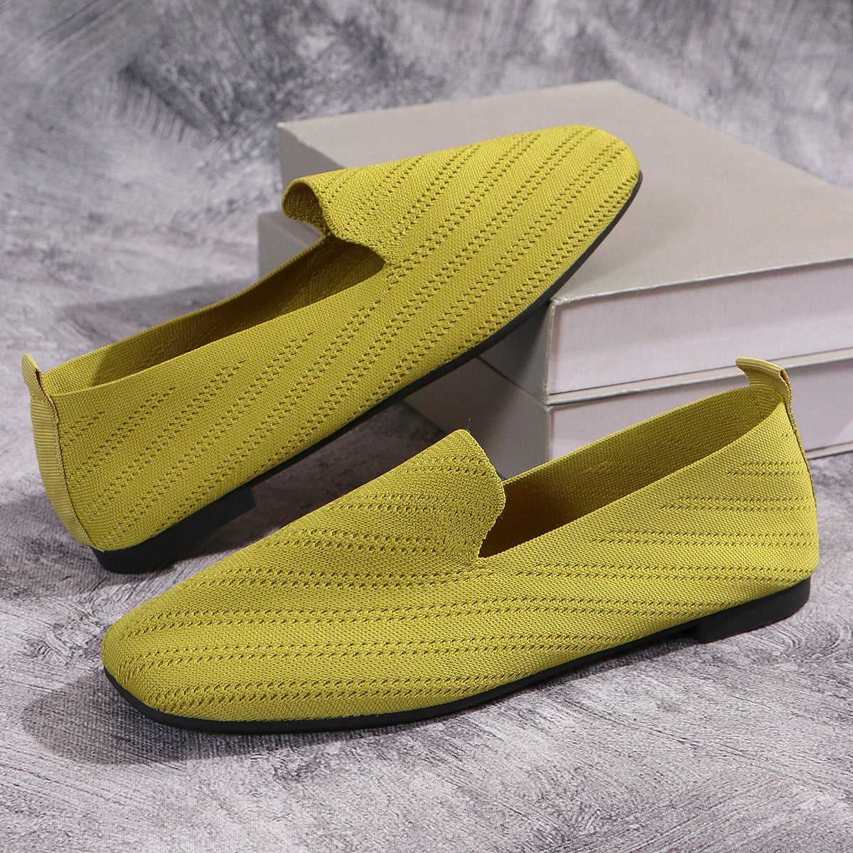 2024 Solid Color Square Toe Mesh Loafers Shallow Women Flats Shoes Soft Bottom Knit Ballet Flats Shoes Casual Slip on Shoes