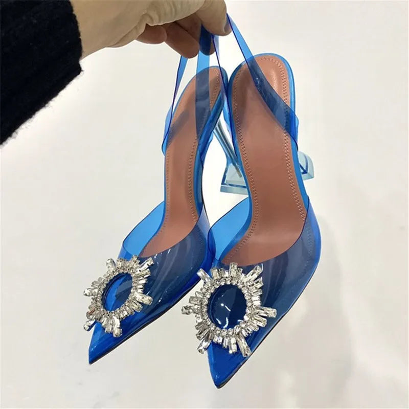 French Crystal High Heels Women's 2022 Summer New Rhinestone Sun Buckle Pointed Baotou Transparent Thin Heel Sandals