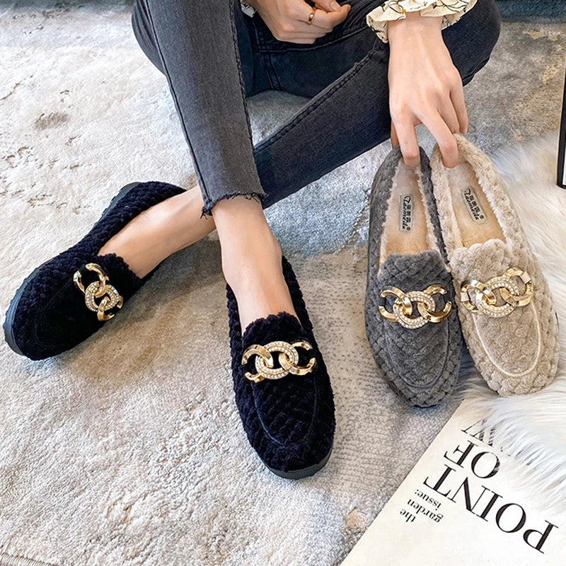 Winter Thicken Soled Wool Shoes Woman Plush Fur Flats Cotton Loafers Ladies Brand Crystal Chain Moccasin Femme Lambswool Sneaker