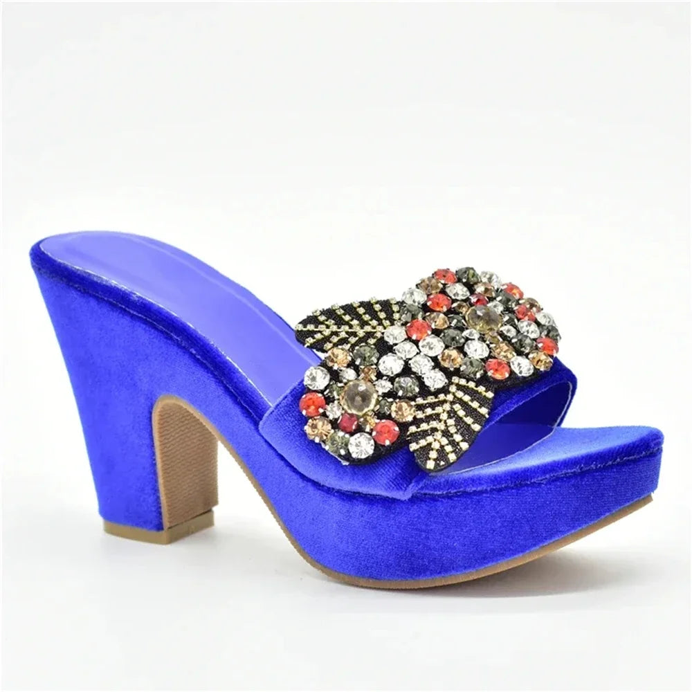 African Women Party Pumps Decorated with Rhinestone Shoes for Wedding Women Wedges Shoes for Women Platform Heels Nigerian Pumps