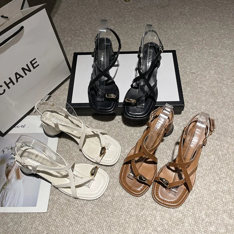 2024 New French Chunky Heel Set Toe Sandals, Niche Design High-grade Large-size Temperament Pinch Toe Casual Sandals