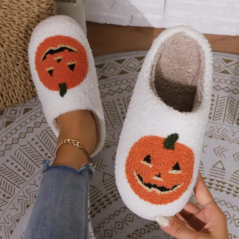 Cotton Fluffy Slippers Home Cartoon Pumpkin Platform Plush Slides Couple 2025 Funny Halloween Casual Designer Shoes Women Indoor