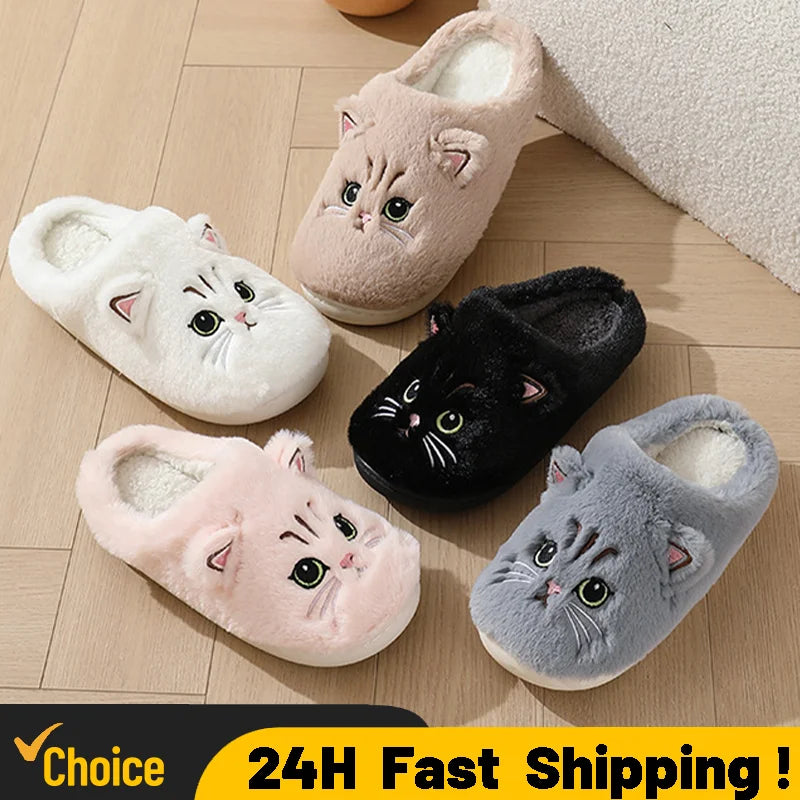 Kawaii Cartoon Cat Fuzzy Slippers - Ultra Soft Fabric Inner, Plush Flat Sole, Cozy Warmth, TPR Durable Outsole, Fabric Upper