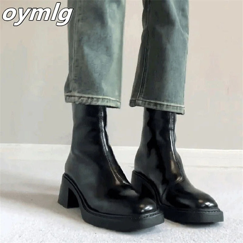 2024 New Spring and Autumn Single Boots British Style Square Head Chelsea Boots High Heels Thick Heels Short Boots for Women