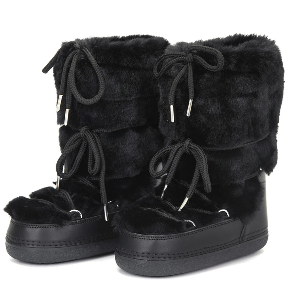 2024 Winter Boots Women Ankle Ski Boots Brand Design Platform Waterproof Lace-up Fur Boots Woman Fluffy Furry Fox Fur Snow Boots