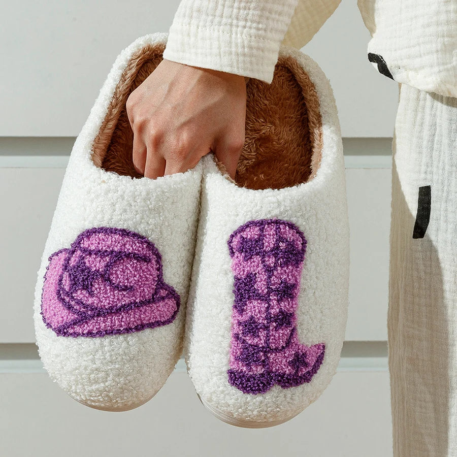 Women's Home Slippers Cowgirl Boot Hat Fluffy Country Nashville Slides Comfortable Comfy Cowboy Style Houseshoes Winter Shoes