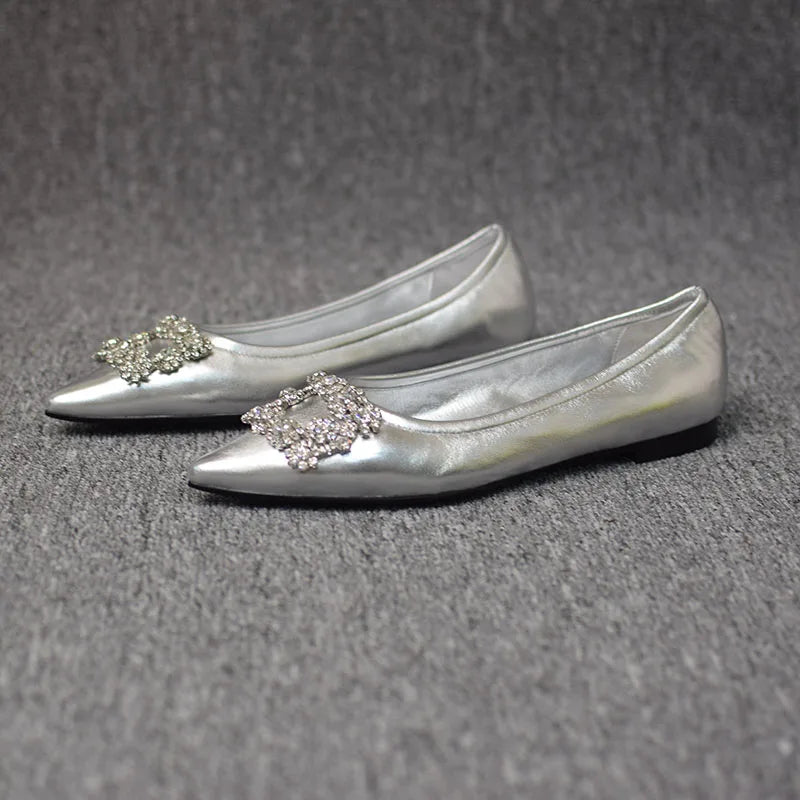 2023 Spring and Autumn New Fashion Shallow Mouth Rhinestone Square Buckle Pointed Versatile Women's Flat Bottom Casual Shoes