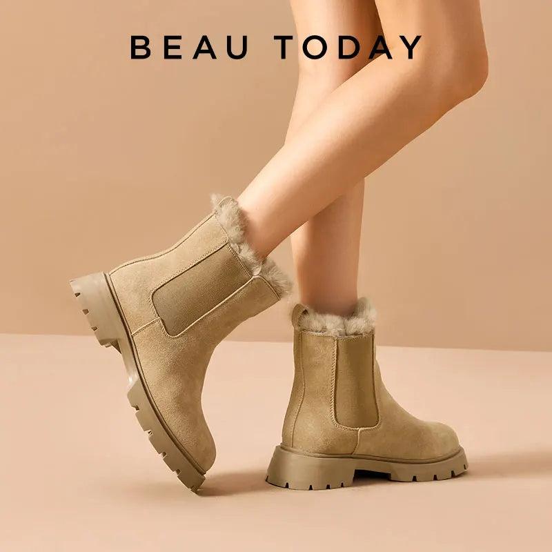 BeauToday Chelsea Boots Women Suede Leather Snow Boots Warm Fur Round Toe Ladies Platform Shoes Handmade 08206